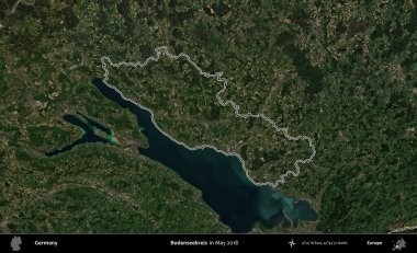 Bodenseekreis. Almanya 'nın idari bölgesi, Mayıs 2018' de çekilen Kopernik Nöbetçi karolarından oluşan bir uydu görüntüsüyle özetlendi.