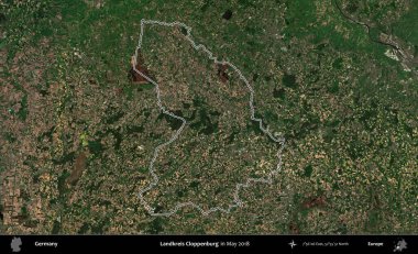 Landkreis Cloppenburg. Almanya 'nın idari bölgesi, Mayıs 2018' de çekilen Kopernik Nöbetçi karolarından oluşan bir uydu görüntüsüyle özetlendi.