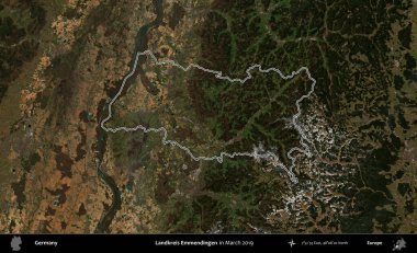 Landkreis Emmendingen. Mart 2019 'da çekilen Kopernik Nöbetçi karolarından oluşan bir uydu görüntüsü Almanya' nın idari bölgesinde özetlenmiştir.