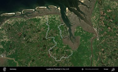 Landkreis Friesland. Almanya 'nın idari bölgesi, Mayıs 2018' de çekilen Kopernik Nöbetçi karolarından oluşan bir uydu görüntüsüyle özetlendi.
