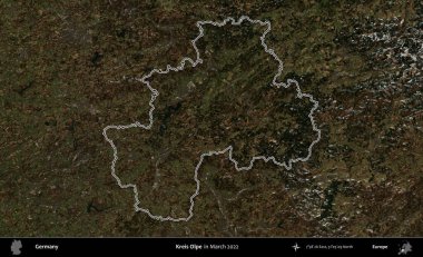 Kreis Olpe. Mart 2022 'de çekilen Kopernik Nöbetçi karolarından oluşan bir uydu görüntüsü Almanya' nın idari bölgesinde özetlenmiştir.