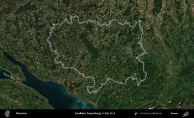 Landkreis Ravensburg. Almanya 'nın idari bölgesi, Mayıs 2018' de çekilen Kopernik Nöbetçi karolarından oluşan bir uydu görüntüsüyle özetlendi.