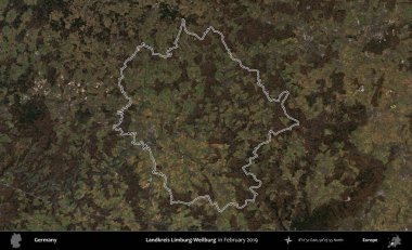 Landkreis Limburg-Weilburg. Almanya 'nın idari bölgesi, Şubat 2019' da çekilen Kopernik Nöbetçi karolarından oluşan bir uydu görüntüsünde özetlenmiştir.