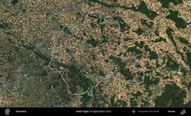 Kreis Lippe. Almanya 'nın idari bölgesi, Eylül 2020' de çekilen Kopernik Nöbetçi karolarından oluşan bir uydu görüntüsünde özetlenmiştir.