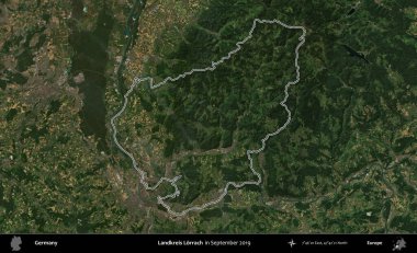 Landkreis Lorrach. Almanya 'nın idari bölgesi, Eylül 2019' da çekilen Kopernik Nöbetçi karolarından oluşan bir uydu görüntüsünde özetlenmiştir.