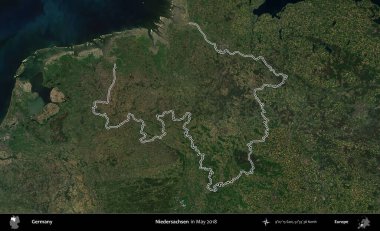 Niedersachsen 'de. Almanya 'nın idari bölgesi, Mayıs 2018' de çekilen Kopernik Nöbetçi karolarından oluşan bir uydu görüntüsüyle özetlendi.