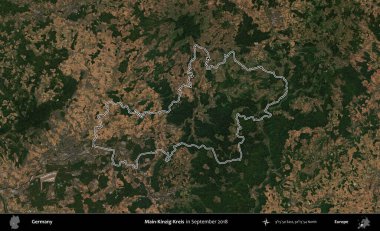 Ana-Kinzig-Kreis. Almanya 'nın idari bölgesi, Eylül 2018' de çekilen Kopernik Nöbetçi karolarından oluşan bir uydu görüntüsünde özetlenmiştir.
