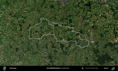Amt Mittelholstein. Almanya 'nın idari bölgesi, Haziran 2022' de çekilen Kopernik Nöbetçi karolarından oluşan bir uydu görüntüsüyle özetlenmiştir.