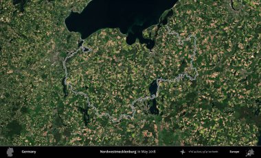 Nordwestmecklenburg. Almanya 'nın idari bölgesi, Mayıs 2018' de çekilen Kopernik Nöbetçi karolarından oluşan bir uydu görüntüsüyle özetlendi.