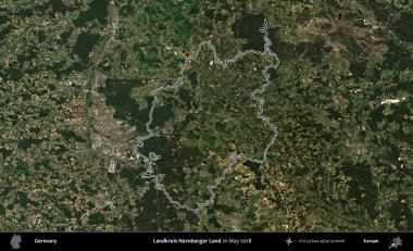 Landkreis Nurnberger Diyarı. Almanya 'nın idari bölgesi, Mayıs 2018' de çekilen Kopernik Nöbetçi karolarından oluşan bir uydu görüntüsüyle özetlendi.