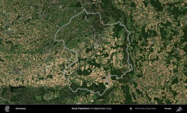 Kreis Paderborn. Almanya 'nın idari bölgesi, Eylül 2023' te çekilen Kopernik Nöbetçi Fayanslarından oluşan bir uydu görüntüsüyle özetlendi.