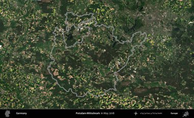 Potsdam-Mittelmark. Almanya 'nın idari bölgesi, Mayıs 2018' de çekilen Kopernik Nöbetçi karolarından oluşan bir uydu görüntüsüyle özetlendi.