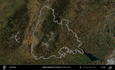 Regierungsbezirk Freiburg. Mart 2019 'da çekilen Kopernik Nöbetçi karolarından oluşan bir uydu görüntüsü Almanya' nın idari bölgesinde özetlenmiştir.
