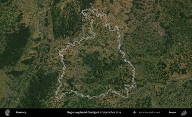 Regierungsbezirk Stuttgart. Almanya 'nın idari bölgesi, Eylül 2019' da çekilen Kopernik Nöbetçi karolarından oluşan bir uydu görüntüsünde özetlenmiştir.