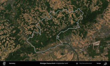Rheingau-Taunus-Kreis. Almanya 'nın idari bölgesi, Eylül 2018' de çekilen Kopernik Nöbetçi karolarından oluşan bir uydu görüntüsünde özetlenmiştir.