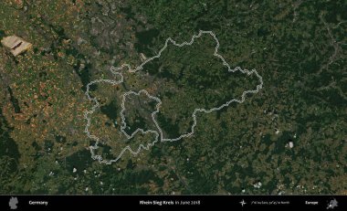 Rhein-Sieg-Kreis. Almanya 'nın idari bölgesi, Haziran 2018' de çekilen Kopernik Nöbetçi karolarından oluşan bir uydu görüntüsüyle özetlendi.