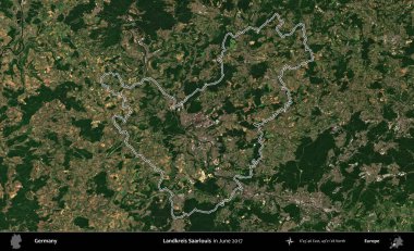 Landkreis Saarlouis. Almanya 'nın idari bölgesi, Haziran 2017' de çekilen Kopernik Nöbetçi karolarından oluşan bir uydu görüntüsünde özetlenmiştir.