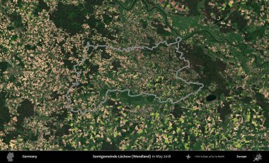 Samtgemeinde Luchow (Wendland). Almanya 'nın idari bölgesi, Mayıs 2018' de çekilen Kopernik Nöbetçi karolarından oluşan bir uydu görüntüsüyle özetlendi.