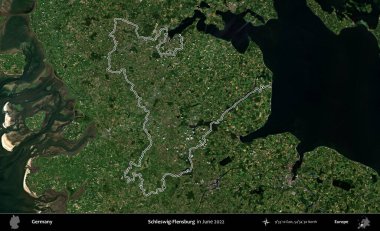Holstein-Flensburg. Almanya 'nın idari bölgesi, Haziran 2022' de çekilen Kopernik Nöbetçi karolarından oluşan bir uydu görüntüsüyle özetlenmiştir.