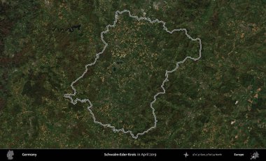 Schwalm-Eder-Kreis. Almanya 'nın idari bölgesi Nisan 2019' da çekilen Kopernik Nöbetçi karolarından oluşan bir uydu görüntüsüyle özetlendi.