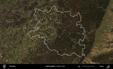 Sudwestpfalz. Mart 2022 'de çekilen Kopernik Nöbetçi karolarından oluşan bir uydu görüntüsü Almanya' nın idari bölgesinde özetlenmiştir.