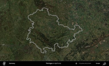 Thuringen. Almanya 'nın idari bölgesi Nisan 2019' da çekilen Kopernik Nöbetçi karolarından oluşan bir uydu görüntüsüyle özetlendi.
