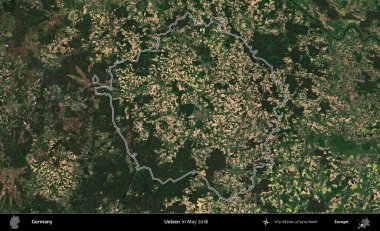 Uelzen. Almanya 'nın idari bölgesi, Mayıs 2018' de çekilen Kopernik Nöbetçi karolarından oluşan bir uydu görüntüsüyle özetlendi.