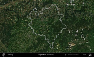 Vogtlandkreis. Almanya 'nın idari bölgesi, Haziran 2019' da çekilen Kopernik Nöbetçi karolarından oluşan bir uydu görüntüsüyle özetlendi.