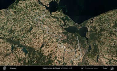 Vorpommern-Greifswald. Almanya 'nın idari bölgesinde, Ekim 2018' de çekilen Kopernik Nöbetçi karolarından oluşan bir uydu görüntüsü sıralandı.