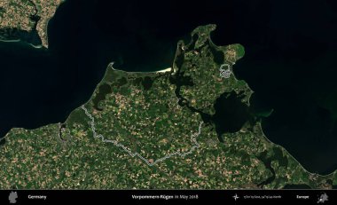 Vorpommern-Rugen. Almanya 'nın idari bölgesi, Mayıs 2018' de çekilen Kopernik Nöbetçi karolarından oluşan bir uydu görüntüsüyle özetlendi.