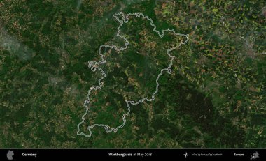 Wartburgkreis. Almanya 'nın idari bölgesi, Mayıs 2018' de çekilen Kopernik Nöbetçi karolarından oluşan bir uydu görüntüsüyle özetlendi.