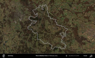 Werra-Meiner-Kreis. Almanya 'nın idari bölgesi, Şubat 2019' da çekilen Kopernik Nöbetçi karolarından oluşan bir uydu görüntüsünde özetlenmiştir.