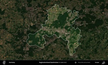 Landkreis Ahrweiler. Mayıs 2017 'de çekilen Kopernik Nöbetçi karolarından oluşan koyu renkli bir uydu görüntüsü Almanya' nın idari alanının altını çizdi ve özetledi.