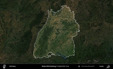 Landkreis Ahrweiler. Mayıs 2017 'de çekilen Kopernik Nöbetçi karolarından oluşan koyu renkli bir uydu görüntüsü Almanya' nın idari alanının altını çizdi ve özetledi.