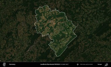 Landkreis Ahrweiler. Mayıs 2017 'de çekilen Kopernik Nöbetçi karolarından oluşan koyu renkli bir uydu görüntüsü Almanya' nın idari alanının altını çizdi ve özetledi.