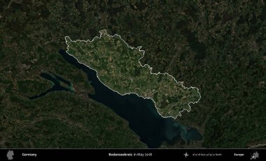 Landkreis Ahrweiler. Mayıs 2017 'de çekilen Kopernik Nöbetçi karolarından oluşan koyu renkli bir uydu görüntüsü Almanya' nın idari alanının altını çizdi ve özetledi.