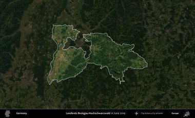 Landkreis Ahrweiler. Mayıs 2017 'de çekilen Kopernik Nöbetçi karolarından oluşan koyu renkli bir uydu görüntüsü Almanya' nın idari alanının altını çizdi ve özetledi.