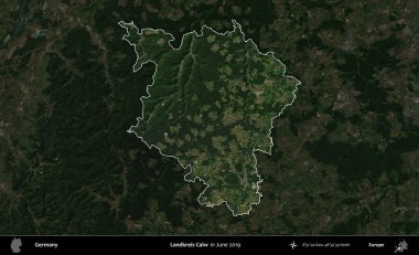 Landkreis Ahrweiler. Mayıs 2017 'de çekilen Kopernik Nöbetçi karolarından oluşan koyu renkli bir uydu görüntüsü Almanya' nın idari alanının altını çizdi ve özetledi.