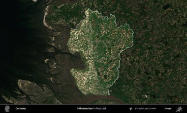 Landkreis Ahrweiler. Mayıs 2017 'de çekilen Kopernik Nöbetçi karolarından oluşan koyu renkli bir uydu görüntüsü Almanya' nın idari alanının altını çizdi ve özetledi.