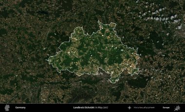 Landkreis Ahrweiler. Mayıs 2017 'de çekilen Kopernik Nöbetçi karolarından oluşan koyu renkli bir uydu görüntüsü Almanya' nın idari alanının altını çizdi ve özetledi.