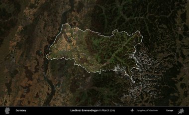 Landkreis Emmendingen. Mart 2019 'da çekilen Kopernik Nöbetçi karolarından oluşan koyu renkli bir uydu görüntüsü, Almanya' nın idari alanının altını çizdi ve özetledi.