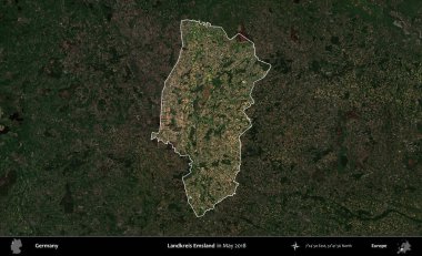 Landkreis Emsland. Mayıs 2018 'de çekilen Kopernik Nöbetçi karolarından oluşan koyu renkli bir uydu görüntüsü, Almanya' nın idari alanının altını çizdi ve özetledi.