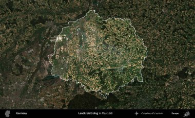 Landkreis Erding. Mayıs 2018 'de çekilen Kopernik Nöbetçi karolarından oluşan koyu renkli bir uydu görüntüsü, Almanya' nın idari alanının altını çizdi ve özetledi.