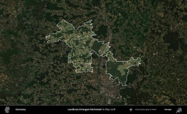 Landkreis Erlangen-Hochstadt. Mayıs 2018 'de çekilen Kopernik Nöbetçi karolarından oluşan koyu renkli bir uydu görüntüsü, Almanya' nın idari alanının altını çizdi ve özetledi.