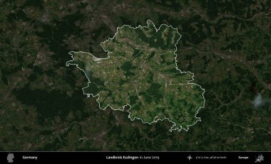 Landkreis Esslingen. Almanya 'nın idari alanı, Haziran 2019' da çekilen Kopernik Nöbetçi karolarından oluşan koyu renkli bir uydu görüntüsü üzerinde vurgulandı ve özetlendi.