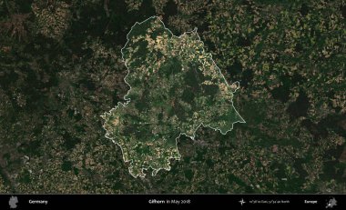 Gifhorn. Mayıs 2018 'de çekilen Kopernik Nöbetçi karolarından oluşan koyu renkli bir uydu görüntüsü, Almanya' nın idari alanının altını çizdi ve özetledi.