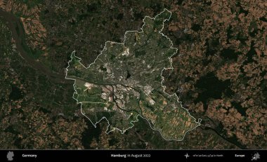 Hamburg. Almanya 'nın idari alanı, Ağustos 2022' de çekilen Kopernik Nöbetçi karolarından oluşan koyu renkli bir uydu görüntüsü üzerinde vurgulandı ve özetlendi.