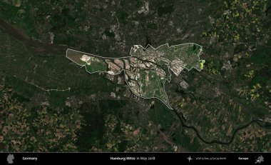 Hamburg-Mitte. Mayıs 2018 'de çekilen Kopernik Nöbetçi karolarından oluşan koyu renkli bir uydu görüntüsü, Almanya' nın idari alanının altını çizdi ve özetledi.