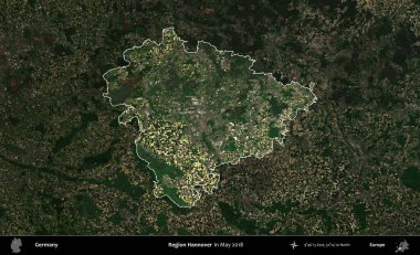 Hannover Bölgesi. Mayıs 2018 'de çekilen Kopernik Nöbetçi karolarından oluşan koyu renkli bir uydu görüntüsü, Almanya' nın idari alanının altını çizdi ve özetledi.