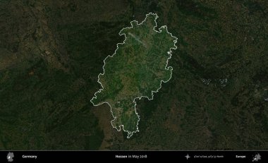 Hessen. Mayıs 2018 'de çekilen Kopernik Nöbetçi karolarından oluşan koyu renkli bir uydu görüntüsü, Almanya' nın idari alanının altını çizdi ve özetledi.